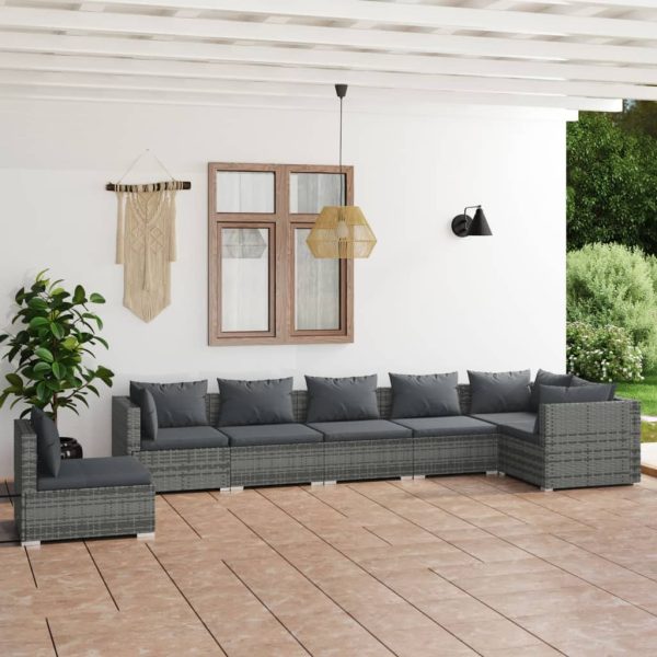 7-delige Loungeset met kussens poly rattan grijs