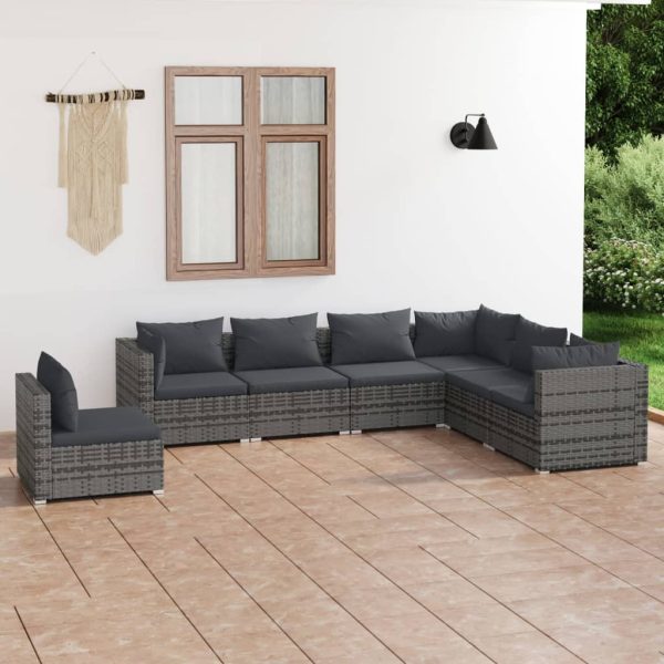 7-delige Loungeset met kussens poly rattan grijs