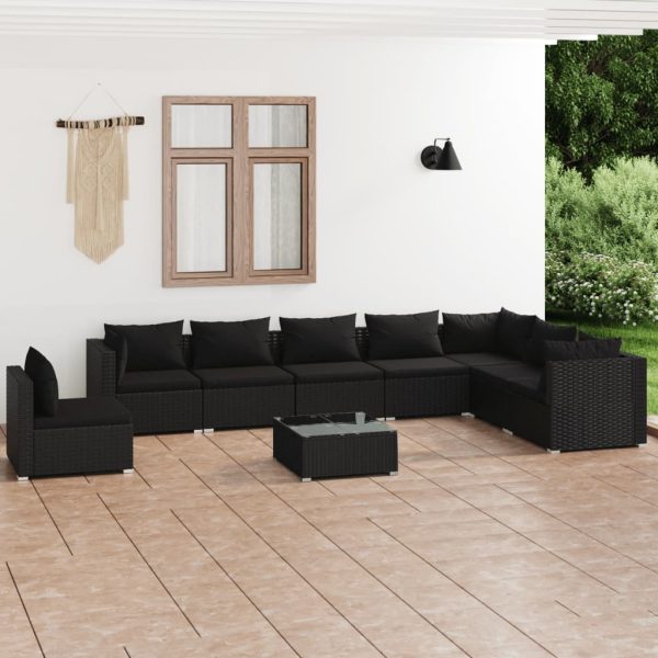 9-delige Loungeset met kussens poly rattan zwart