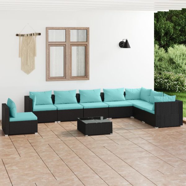 9-delige Loungeset met kussens poly rattan zwart