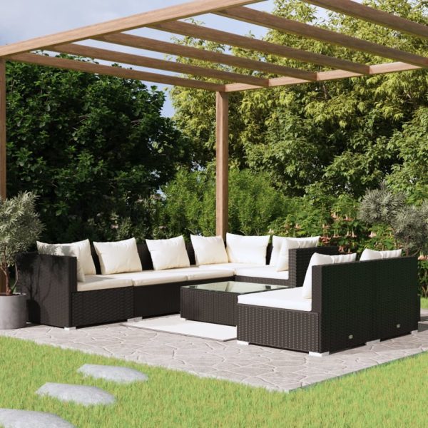 8-delige Loungeset met kussens poly rattan zwart