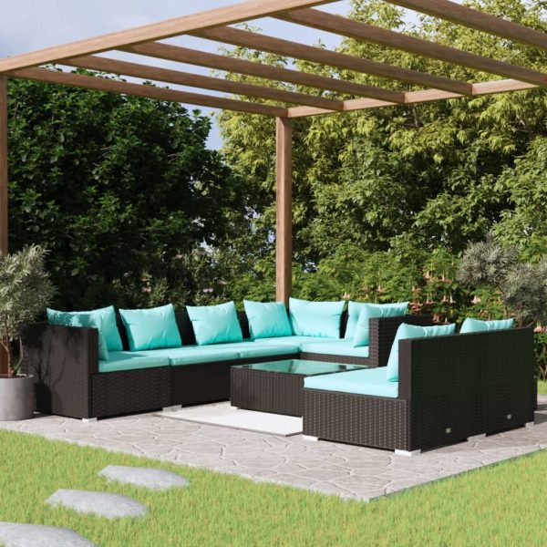8-delige Loungeset met kussens poly rattan zwart