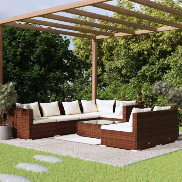 8-delige Loungeset met kussens poly rattan bruin