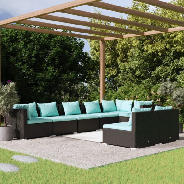 8-delige Loungeset met kussens poly rattan zwart