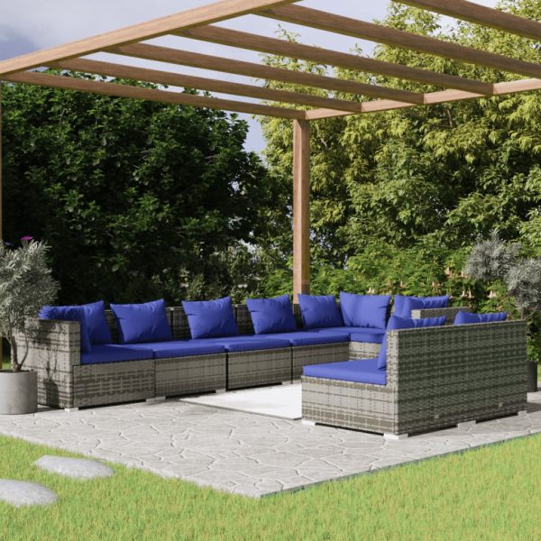 8-delige Loungeset met kussens poly rattan grijs
