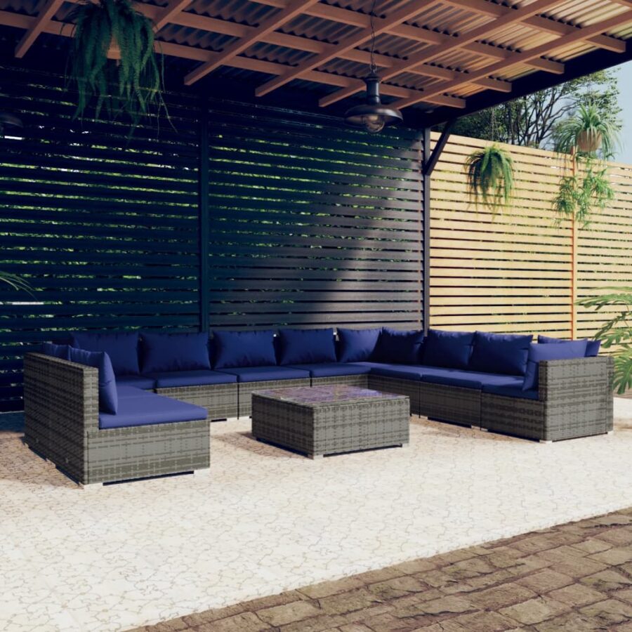 11-delige Loungeset met kussens poly rattan grijs