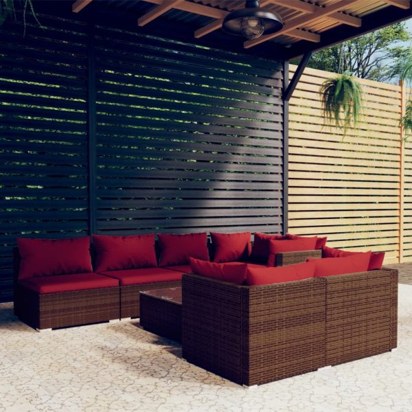 8-delige Loungeset met kussens poly rattan bruin