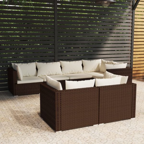 7-delige Loungeset met kussens poly rattan bruin