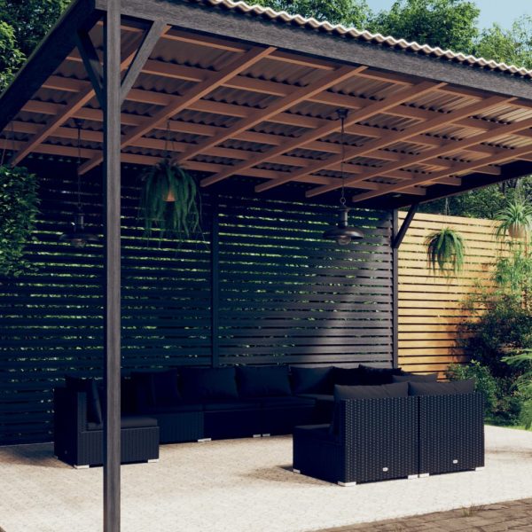 9-delige Loungeset met kussens poly rattan zwart