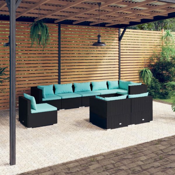 9-delige Loungeset met kussens poly rattan zwart