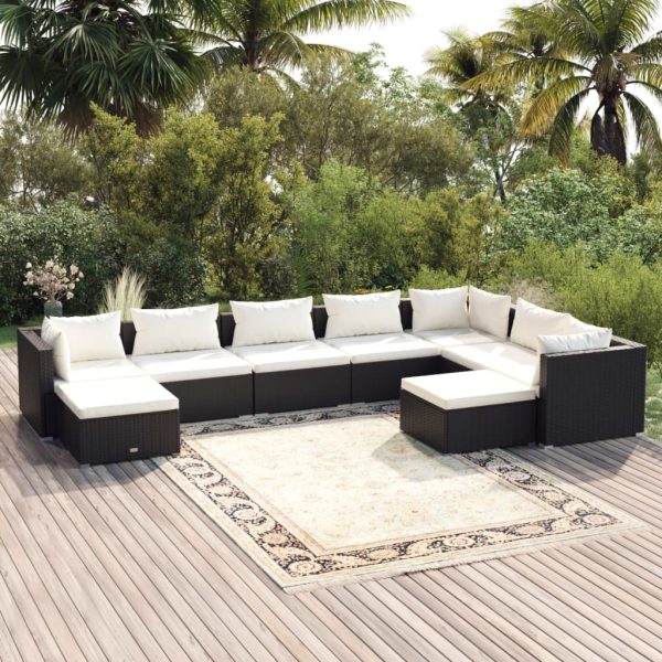 9-delige Loungeset met kussens poly rattan zwart