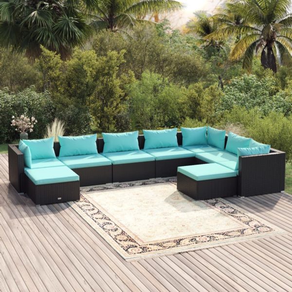 9-delige Loungeset met kussens poly rattan zwart