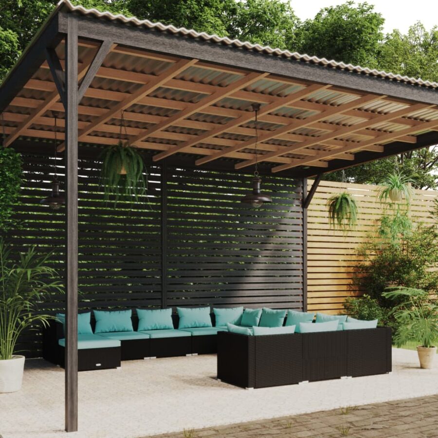 12-delige Loungeset met kussens poly rattan zwart
