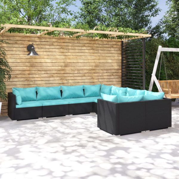 8-delige Loungeset met kussens poly rattan zwart