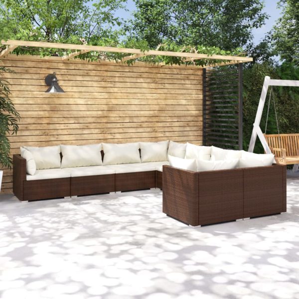 8-delige Loungeset met kussens poly rattan bruin