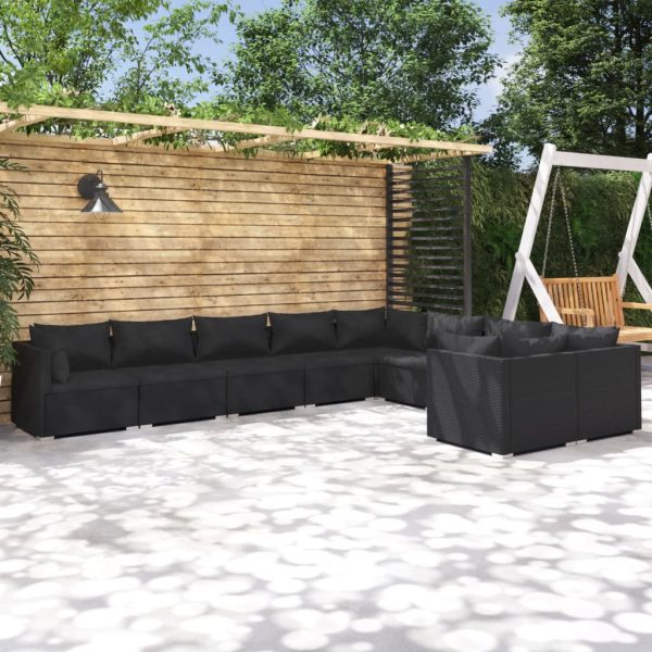 9-delige Loungeset met kussens poly rattan zwart
