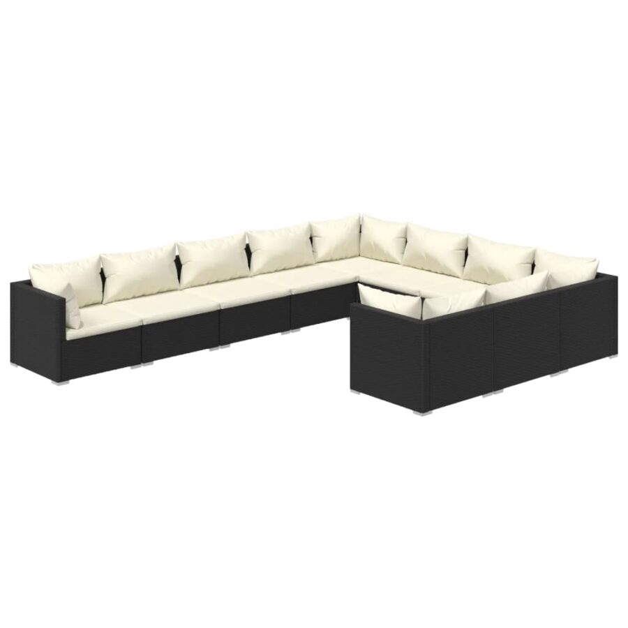 10-delige Loungeset met kussens poly rattan zwart - Afbeelding 2