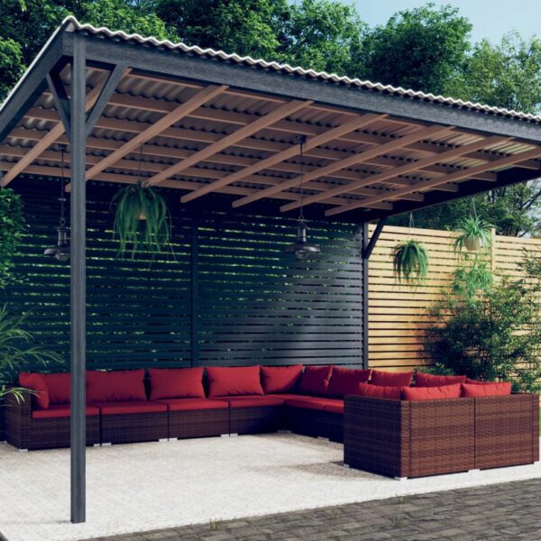 10-delige Loungeset met kussens poly rattan bruin