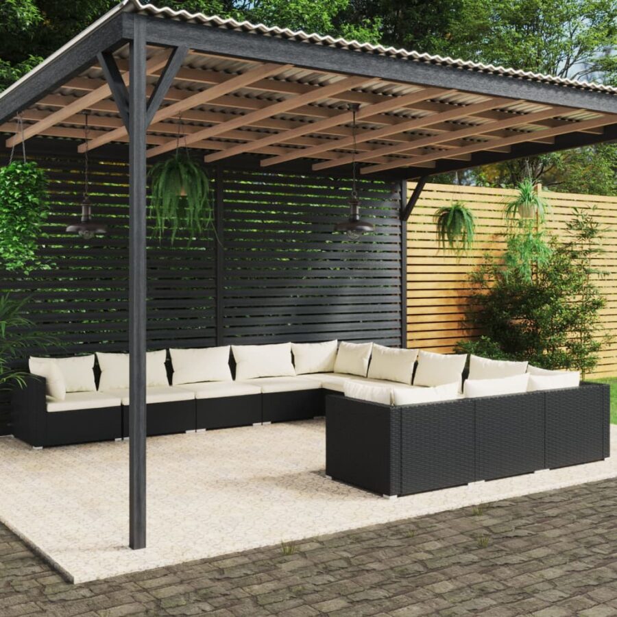 11-delige Loungeset met kussens poly rattan zwart