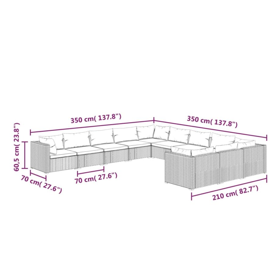 11-delige Loungeset met kussens poly rattan bruin - Afbeelding 7