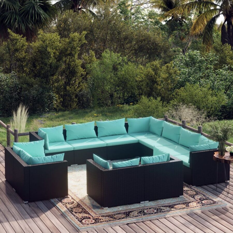 11-delige Loungeset met kussens poly rattan zwart