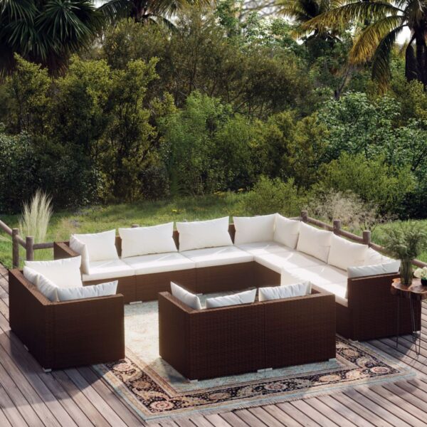 11-delige Loungeset met kussens poly rattan bruin