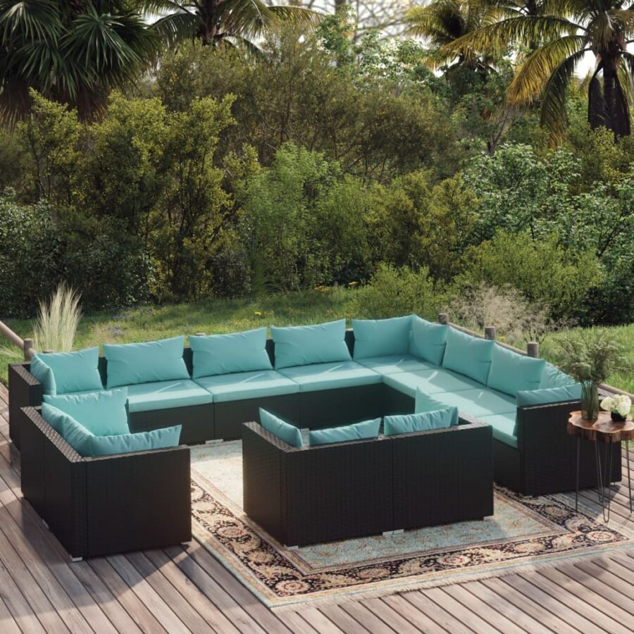 12-delige Loungeset met kussens poly rattan zwart