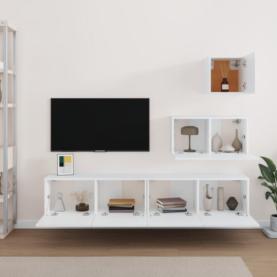 4-delige Tv-meubelset bewerkt hout wit - Afbeelding 3