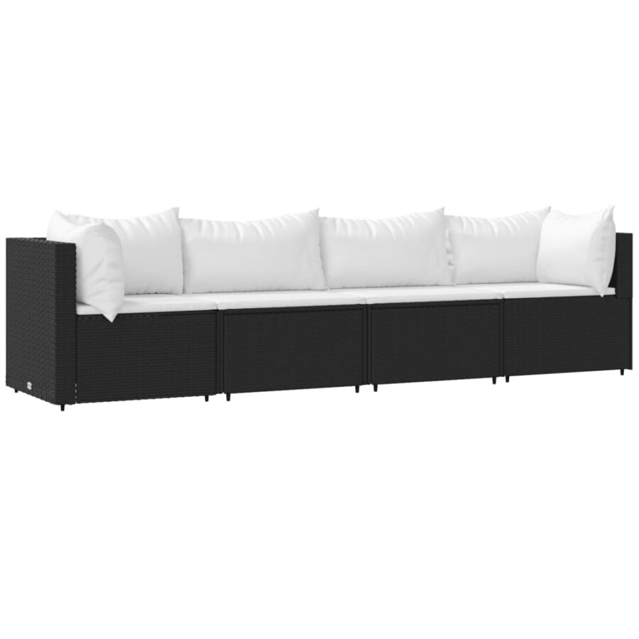 4-delige Loungeset met kussens poly rattan zwart - Afbeelding 2