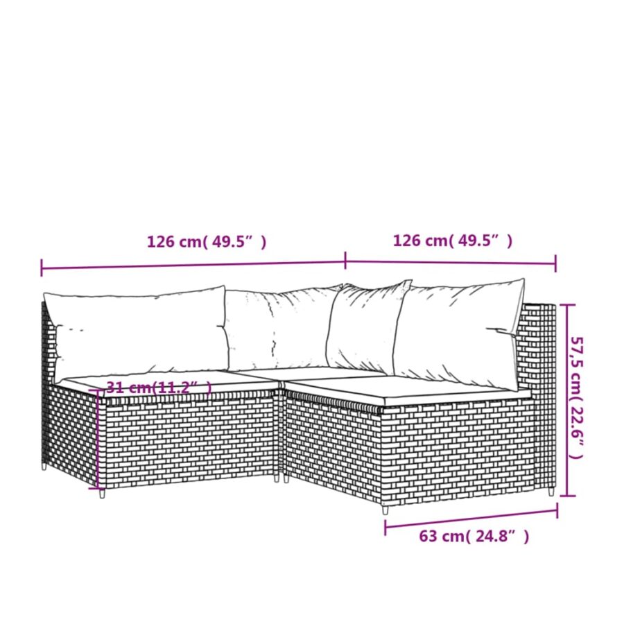 3-delige Loungeset met kussens poly rattan zwart - Afbeelding 9