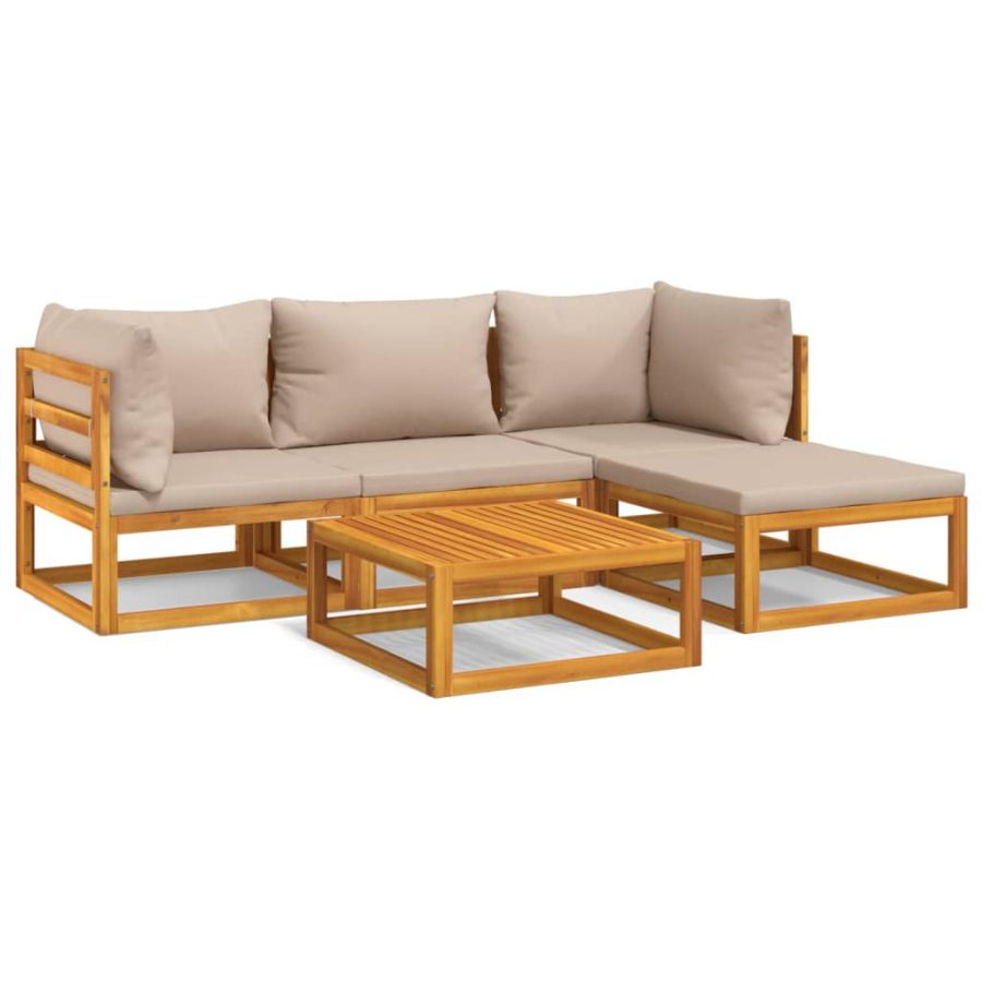 5-delige Loungeset met kussens massief hout taupe - Afbeelding 2