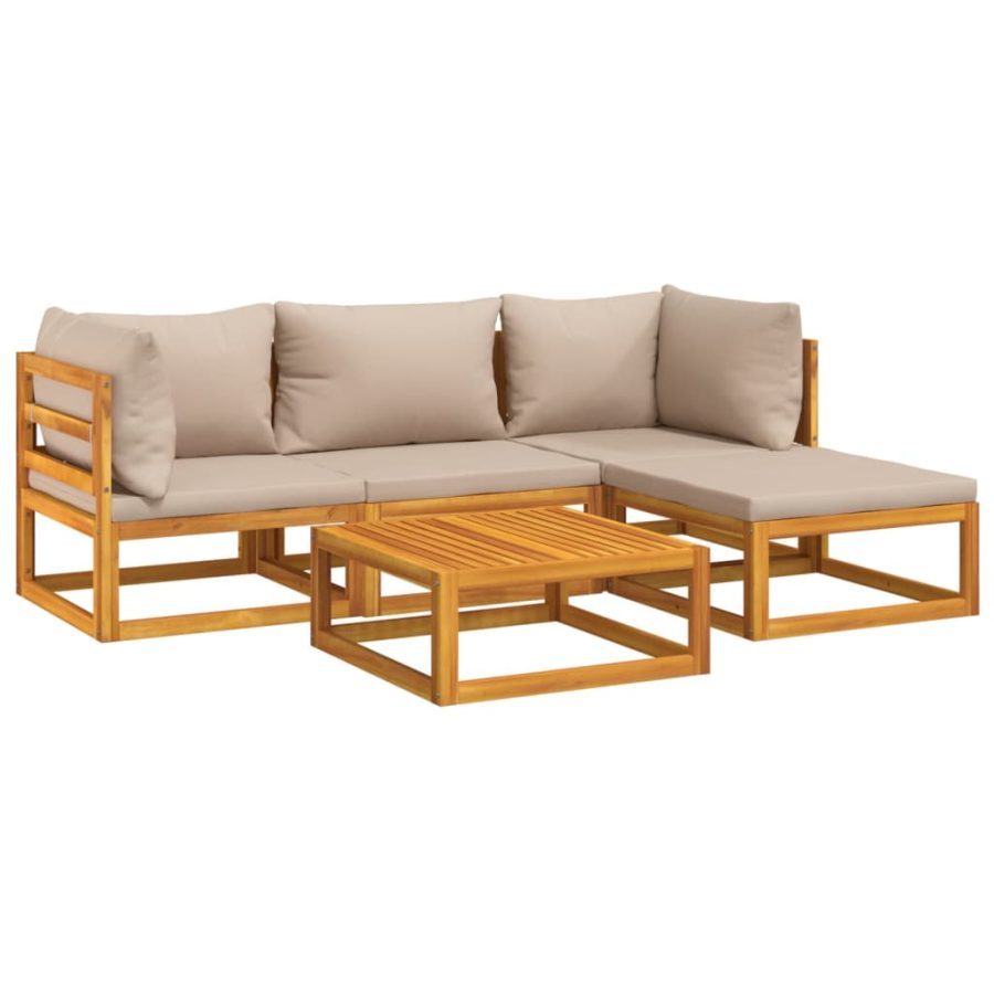 5-delige Loungeset met kussens massief hout taupe - Afbeelding 3