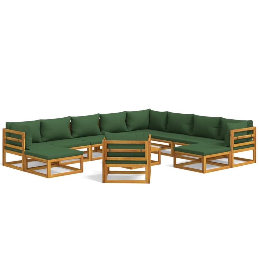 12-delige Loungeset met groene kussens massief hout - Afbeelding 2