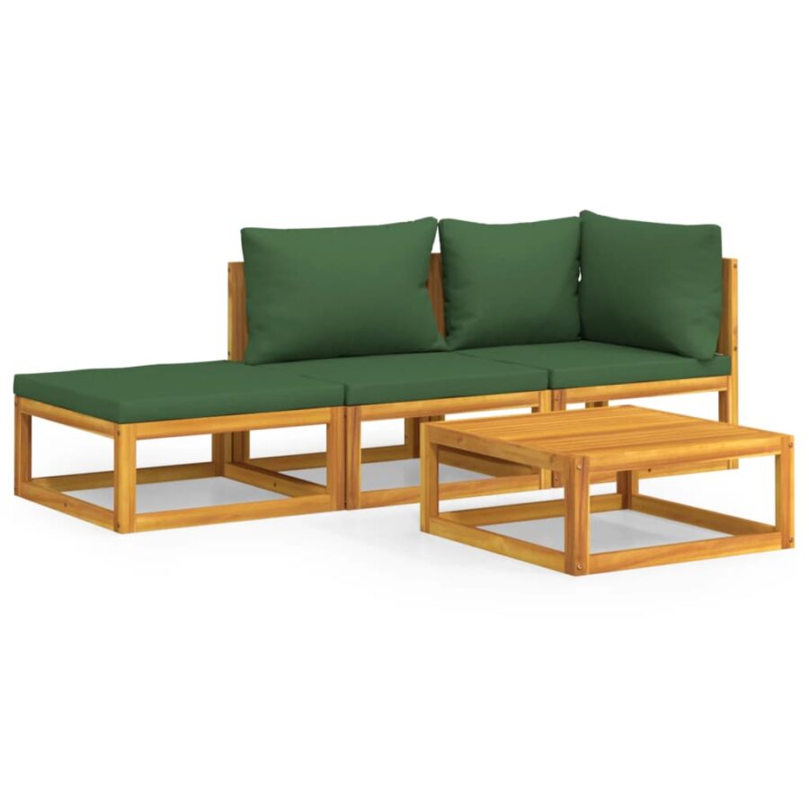4-delige Loungeset met groene kussens massief hout - Afbeelding 2