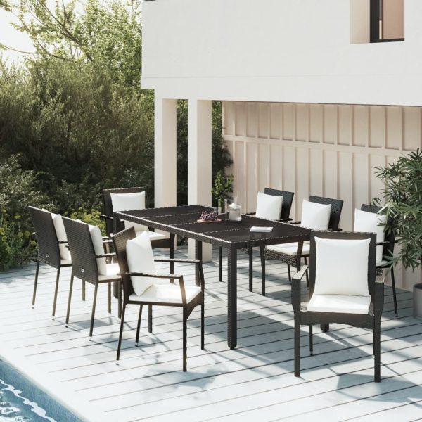 9-delige Loungeset met kussens poly rattan zwart