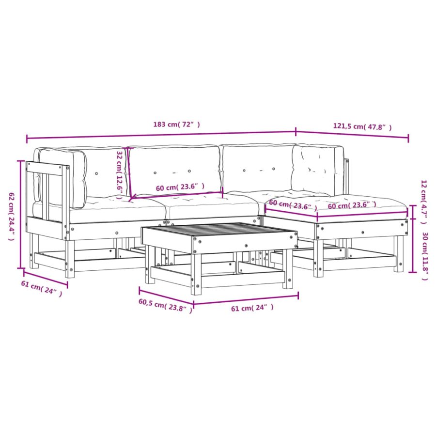 5-delige Loungeset met kussens massief hout wit - Afbeelding 9