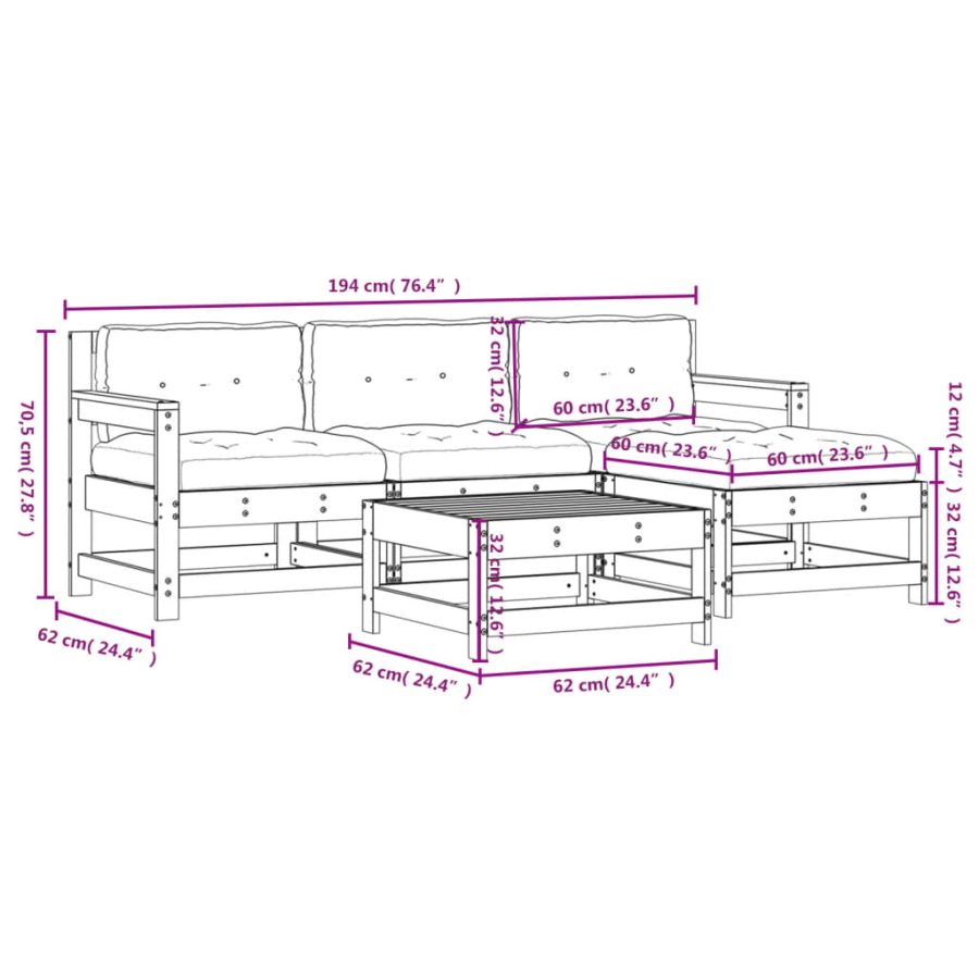 5-delige Loungeset met kussens massief hout wit - Afbeelding 9