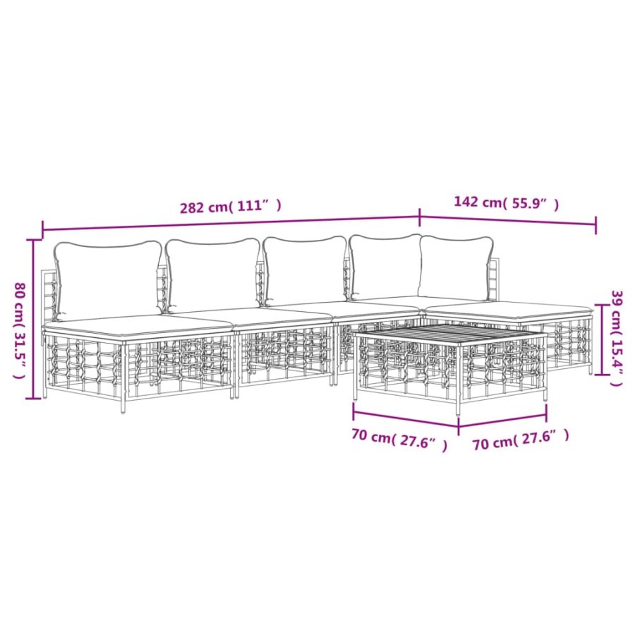 6-delige Loungeset met kussens poly rattan antracietkleurig - Afbeelding 10