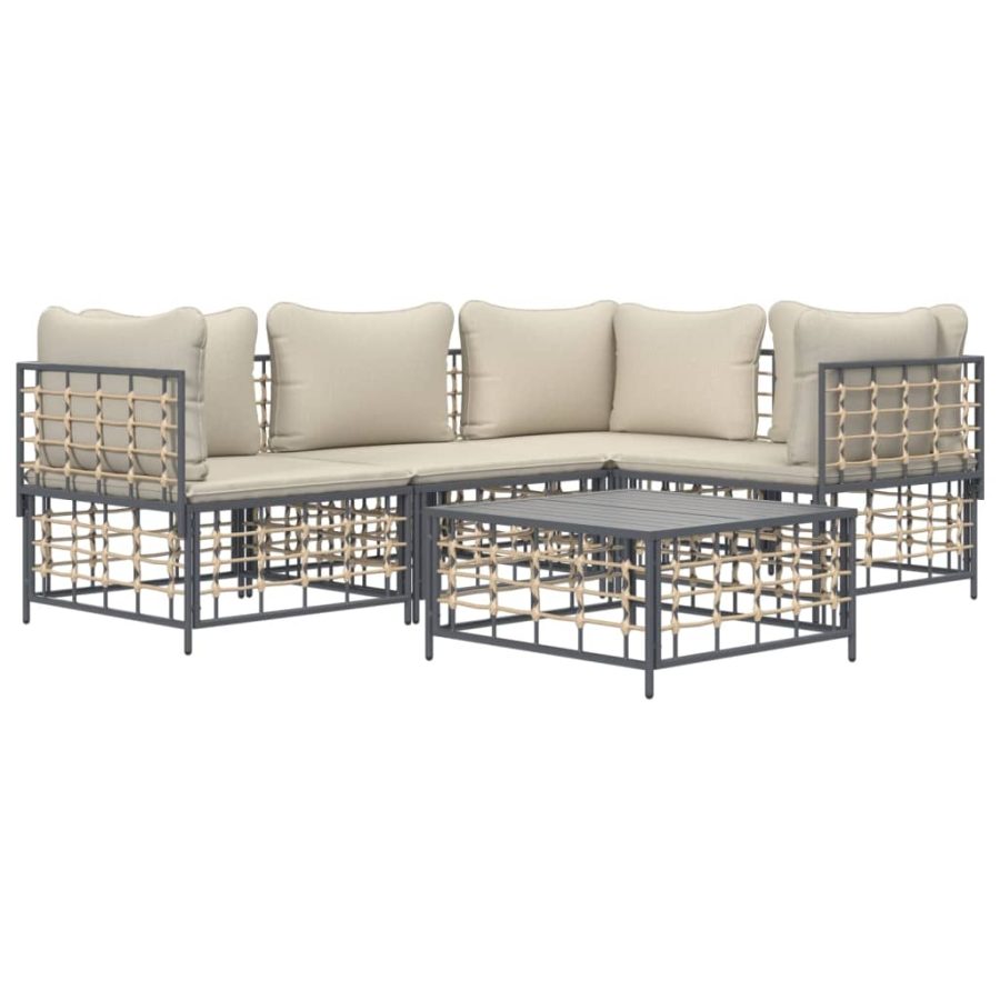 5-delige Loungeset met kussens poly rattan antracietkleurig - Afbeelding 3