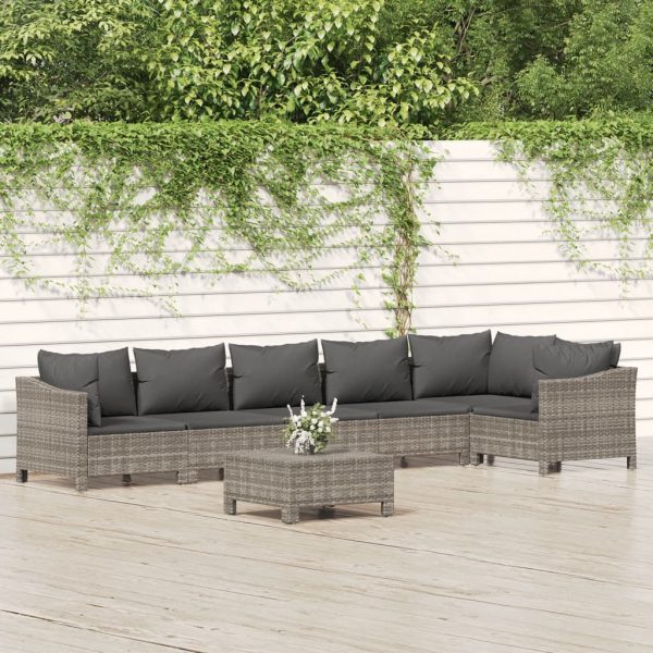 7-delige Loungeset met kussens poly rattan grijs