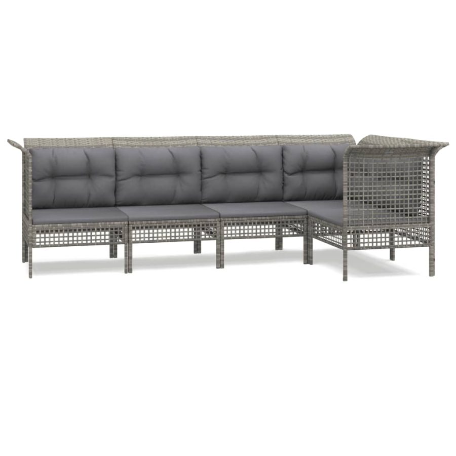 5-delige Loungeset met kussens poly rattan grijs - Afbeelding 2