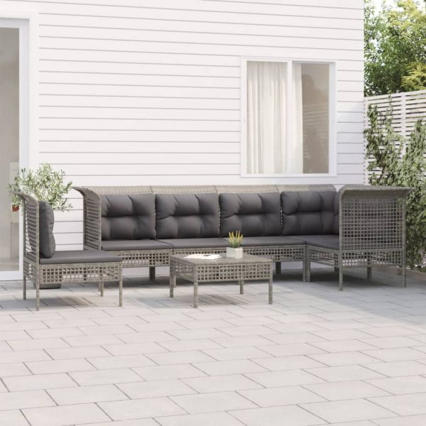 7-delige Loungeset met kussens poly rattan grijs