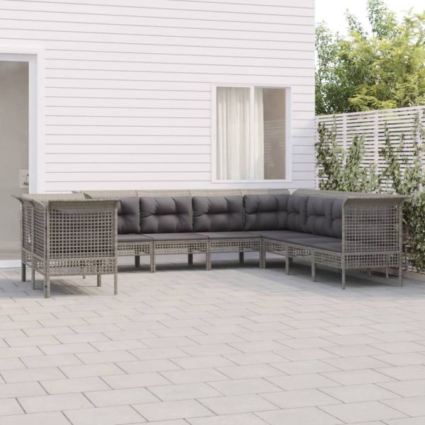 9-delige Loungeset met kussens poly rattan grijs