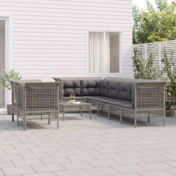 9-delige Loungeset met kussens poly rattan grijs