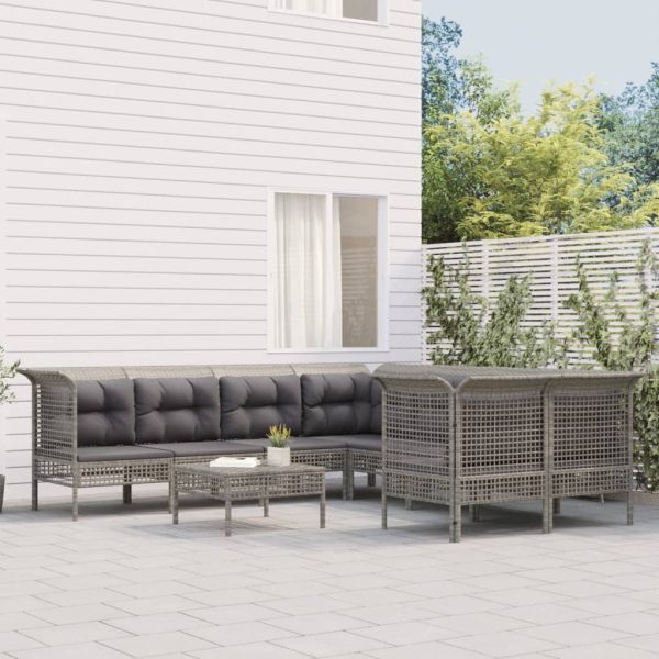 8-delige Loungeset met kussens poly rattan grijs