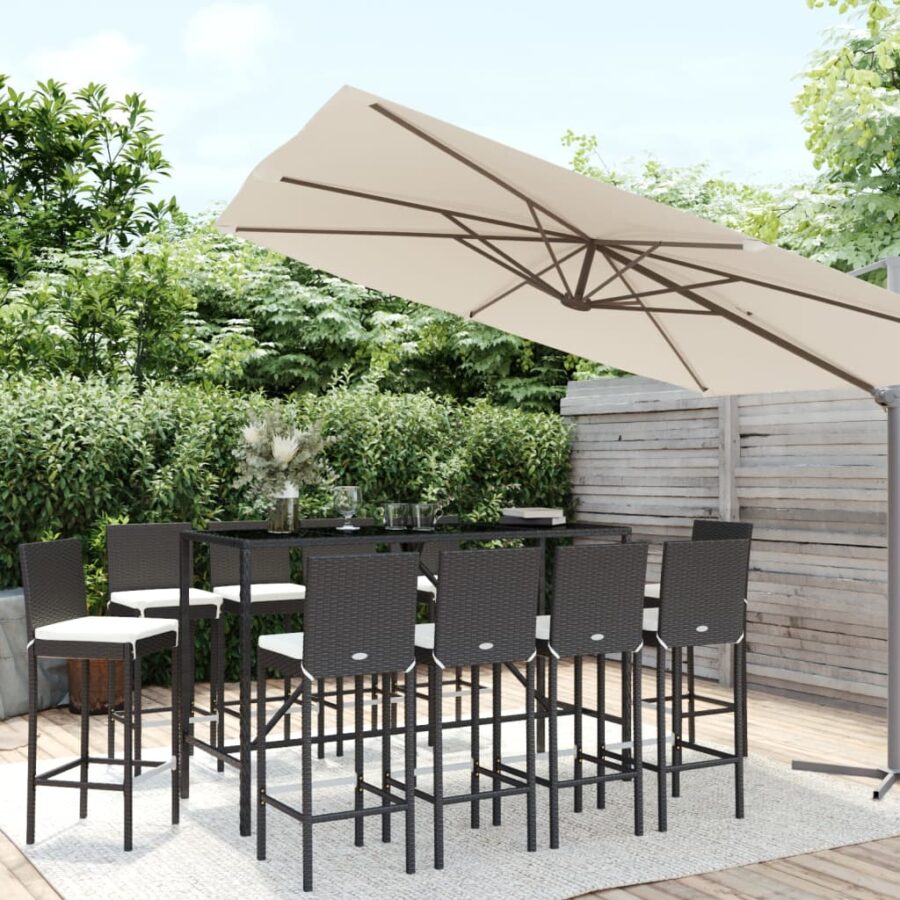 11-delige Tuinbarset met kussens poly rattan zwart