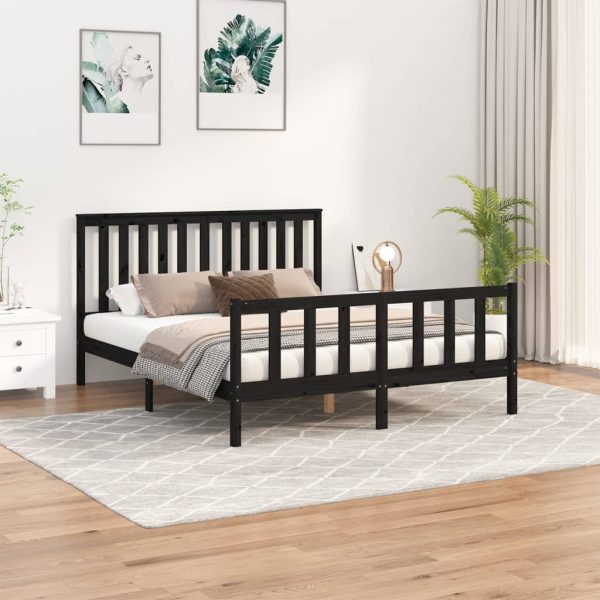 Bedframe met hoofdbord massief grenenhout zwart 160x200 cm