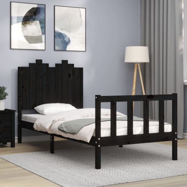 Bedframe met hoofdeinde massief hout zwart 90x190 cm