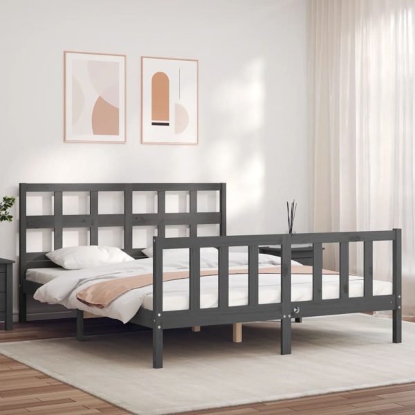 Bedframe met hoofdbord massief hout grijs