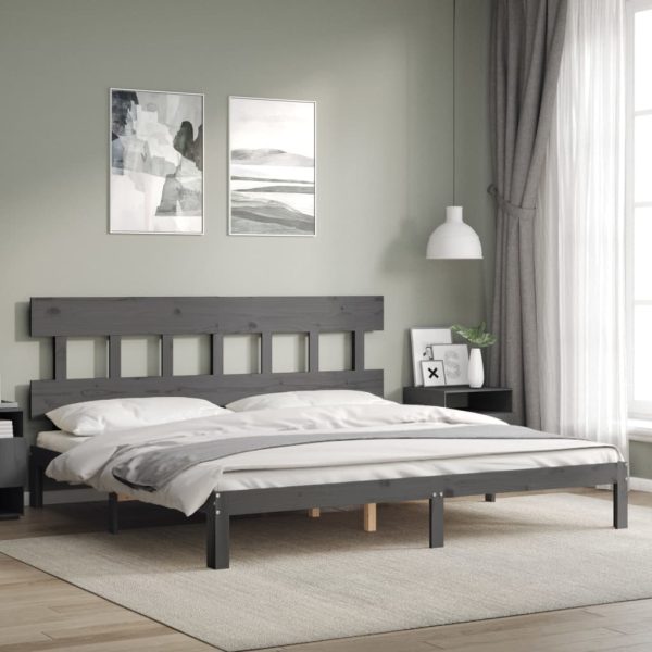 Bedframe met hoofdbord massief hout grijs 200x200 cm